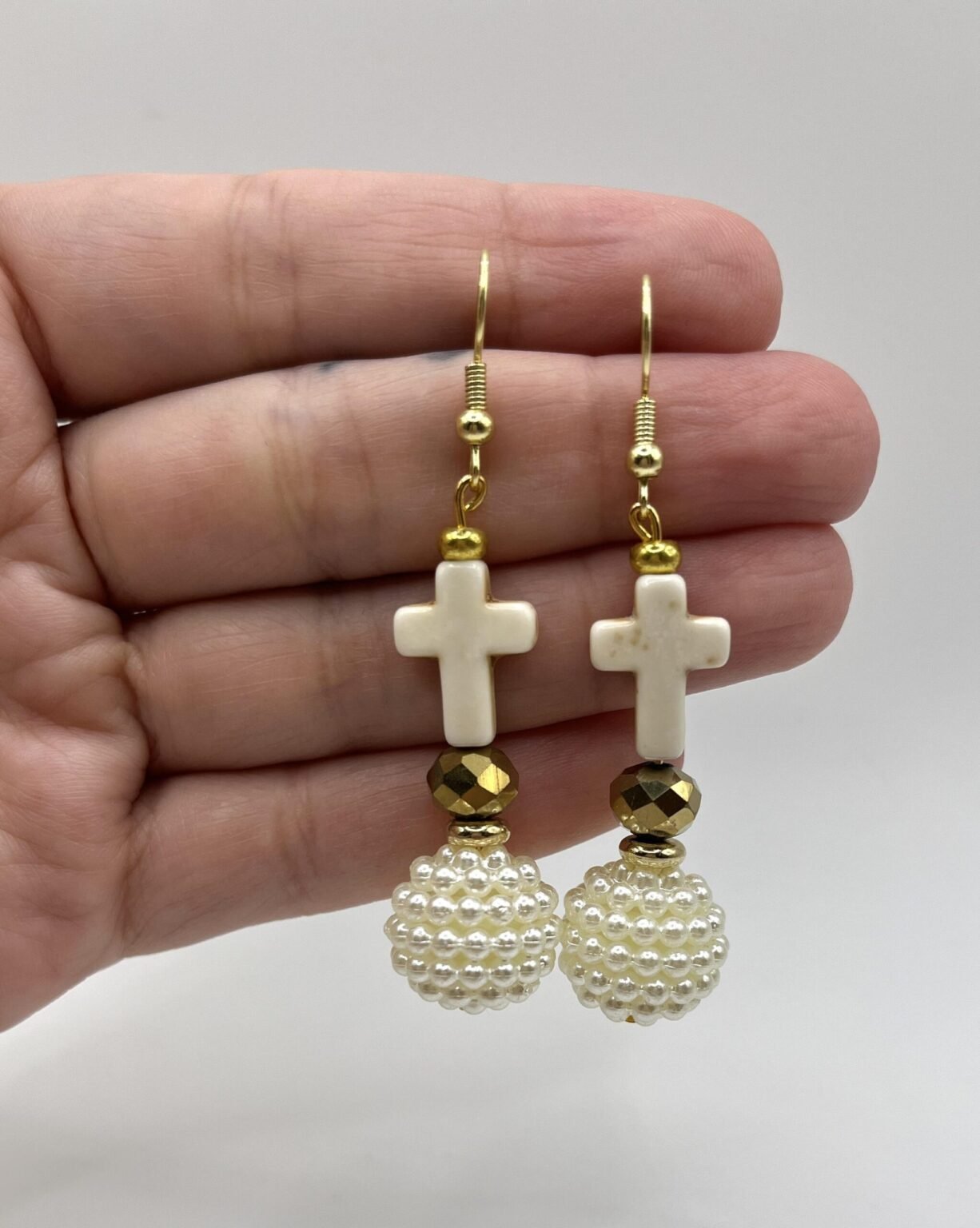 Ivory Pearl Cross Earrings