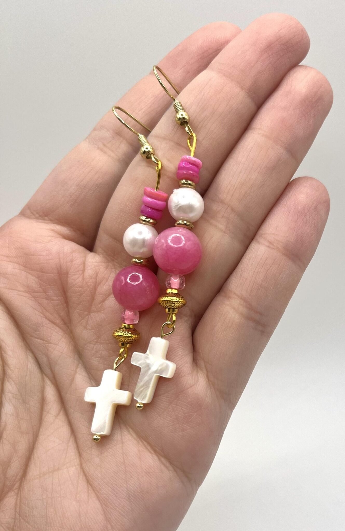 Pink Pearl Cross Earrings