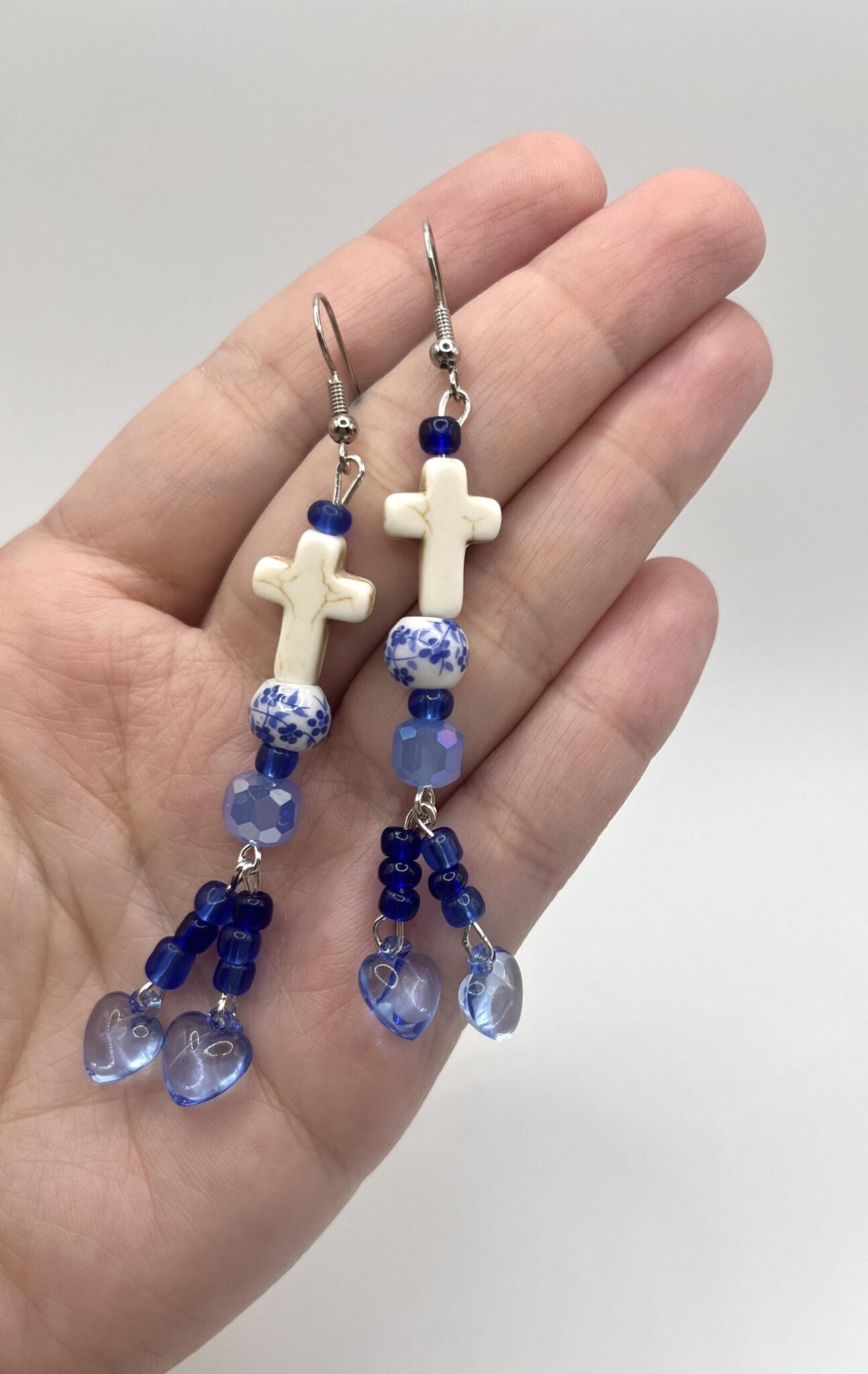 Blue Heart Cross Earrings