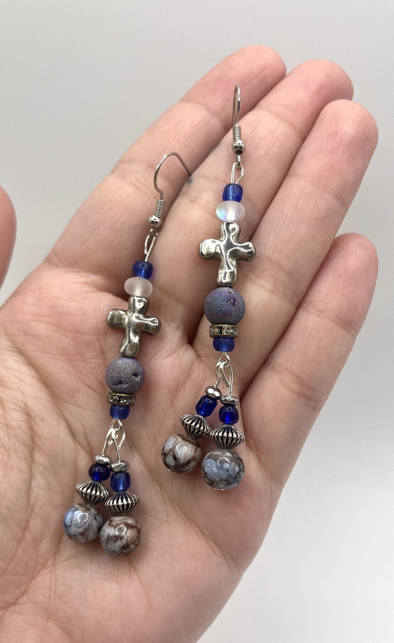 Mystic Blue Cross Dangle Earrings